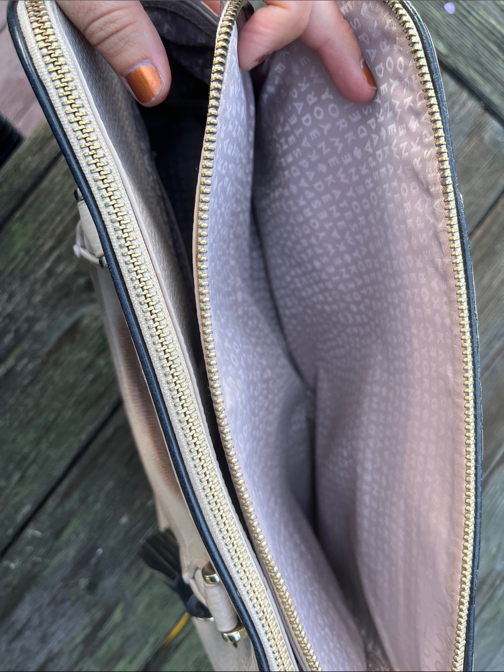 kate spade Pebbled Leather Satchel in Light Taupe with Black Trim - Picture 4 of 9